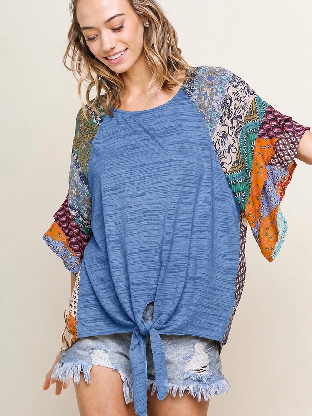 Umgee Blue Boho Patchwork Top